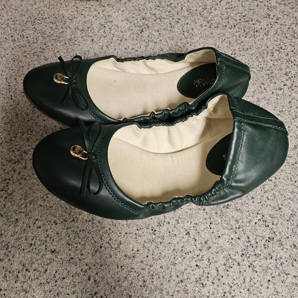 Michael Kors Dark Green Leather Ballet Flats with Gold Charm